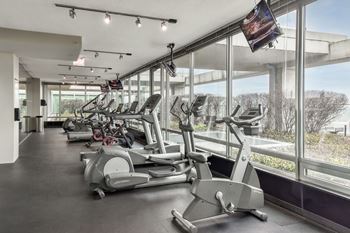 A gym with a row of stationary bikes and a large window showing the outdoors.
